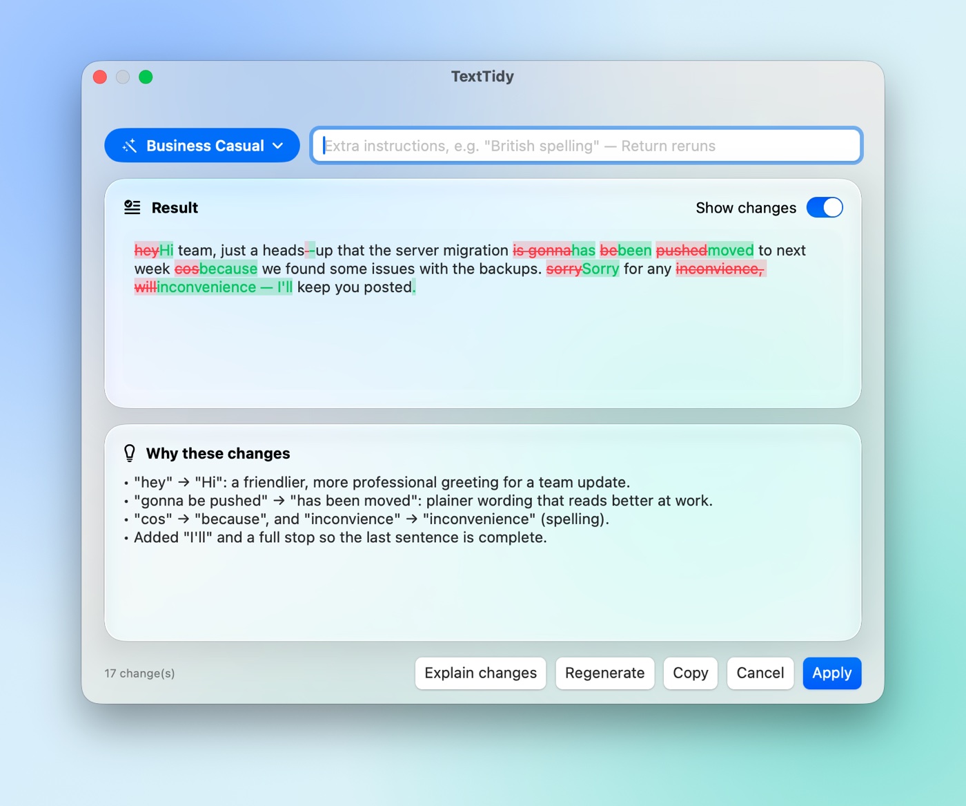 The TextTidy full window with a tone menu, an instructions box, the highlighted result and an explanation of each change