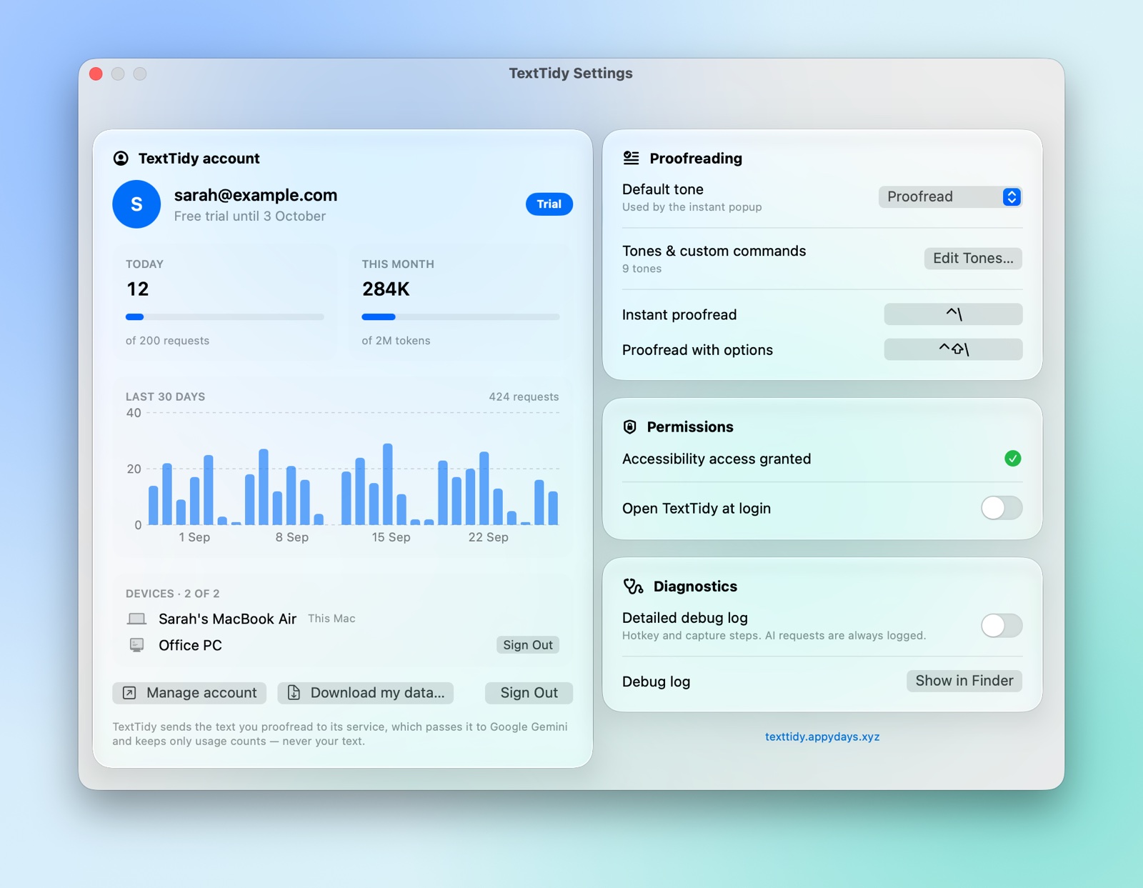 TextTidy Settings showing the account, usage chart, devices, shortcuts and permissions